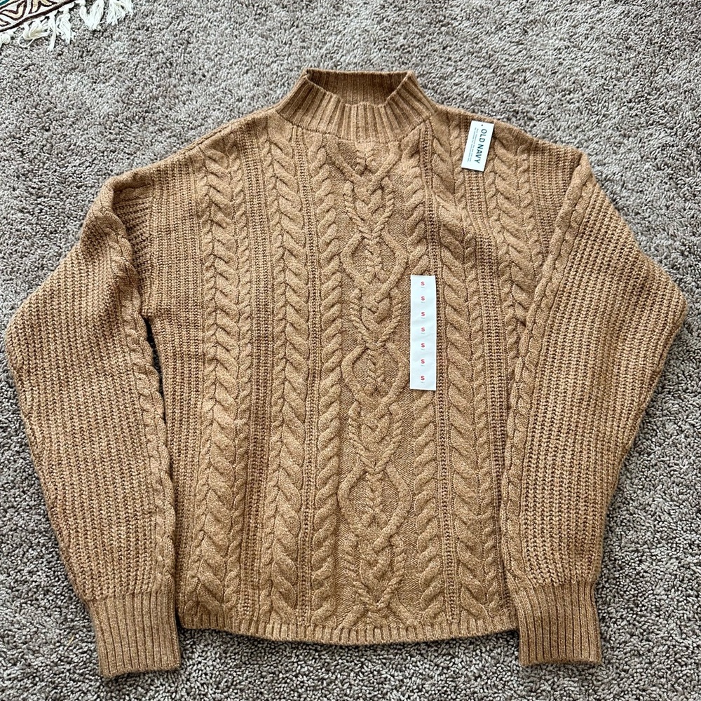 Old Navy Cable Knit Sweater Mock Neck Tan Size S Tall Cozy Fall Pullover